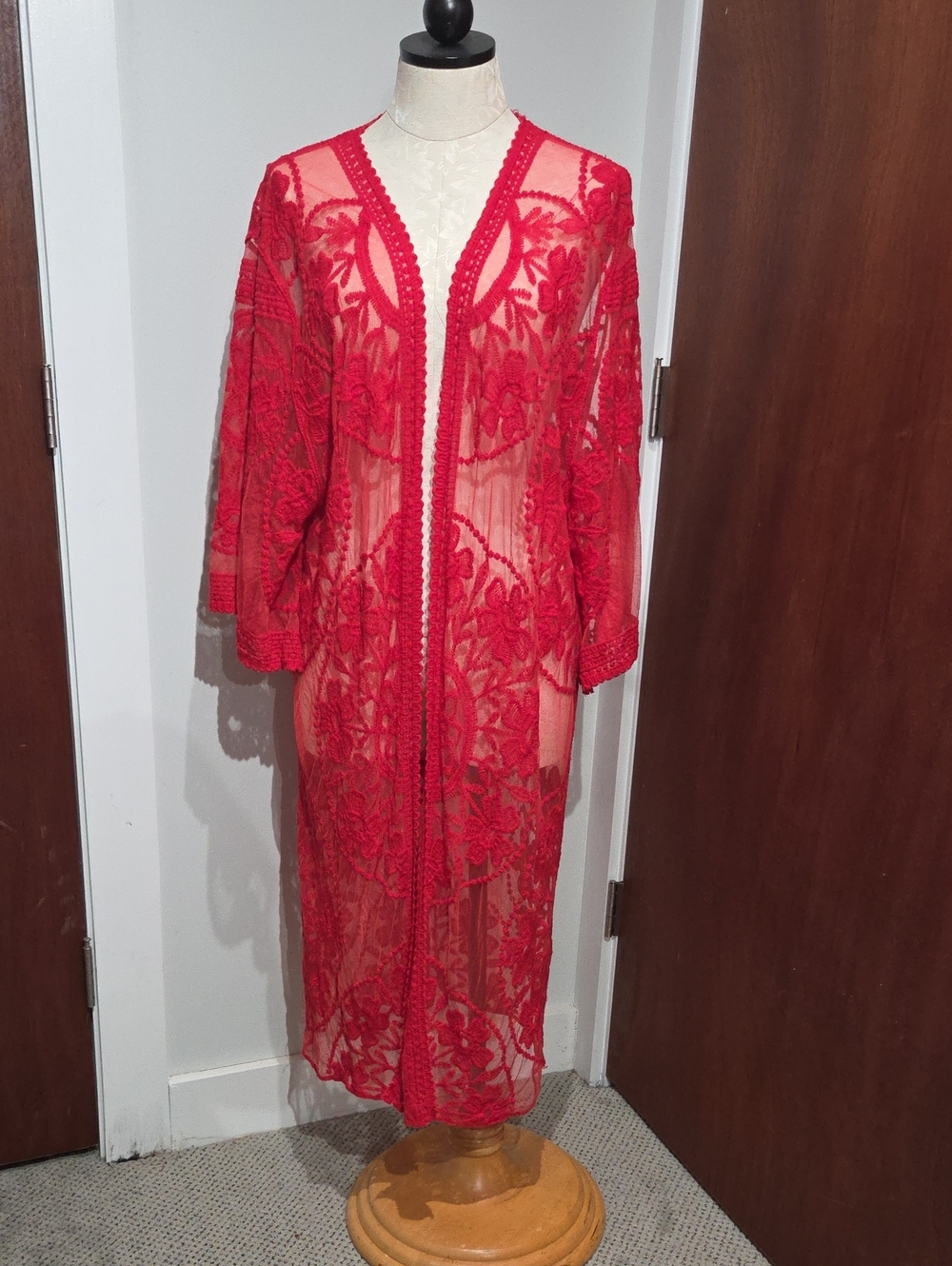 Red Sheer Lace Kimono Robe - Women Intimates & Sleepwear